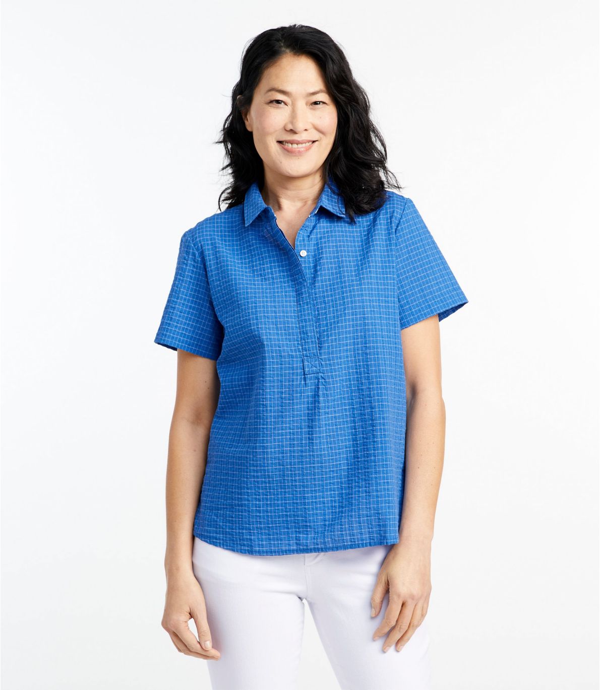 Women's Textured Cotton Popover Shirt, Short-Sleeve Plaid