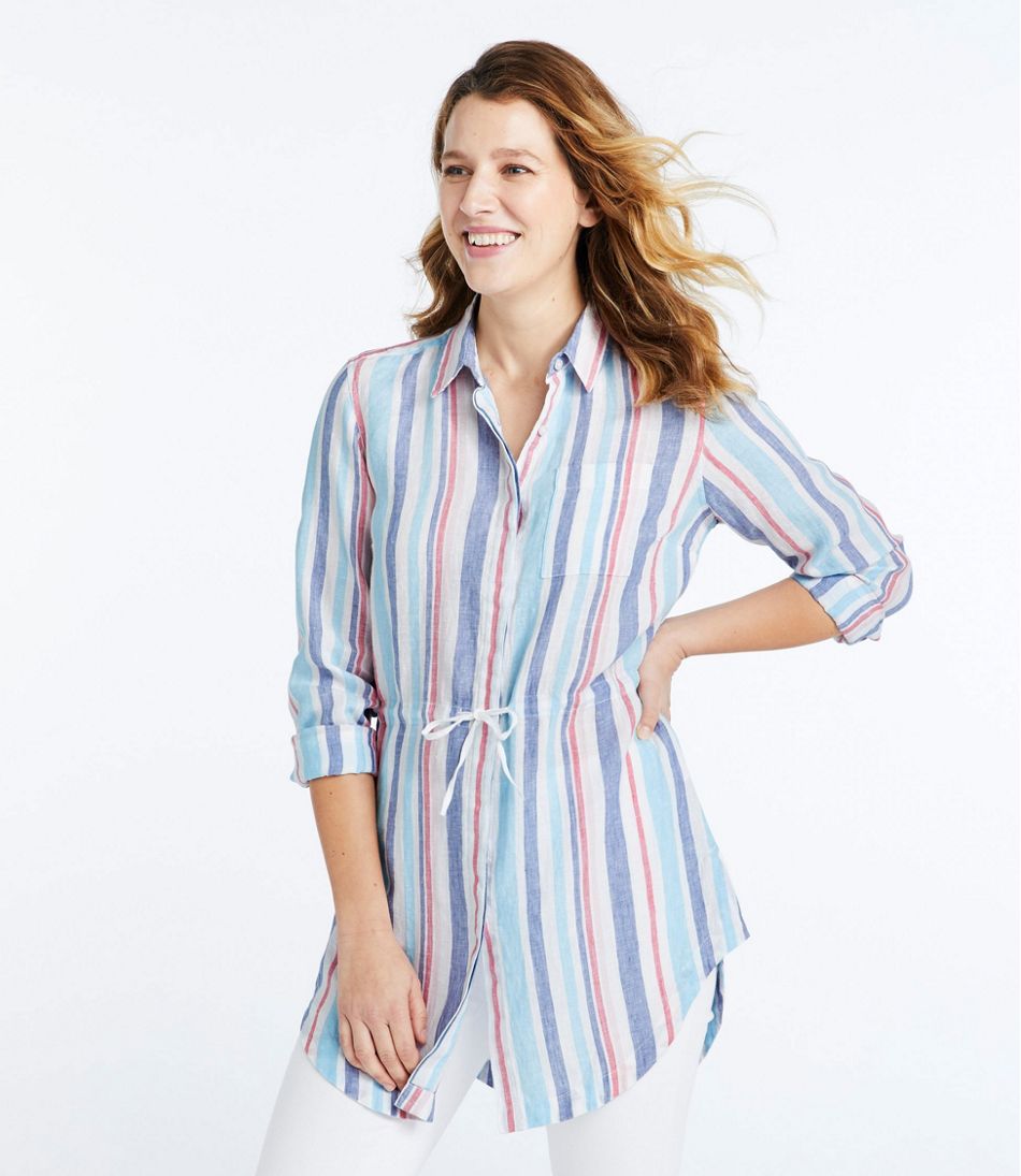 Women's Premium Washable Linen Drawstring Tunic, Stripe