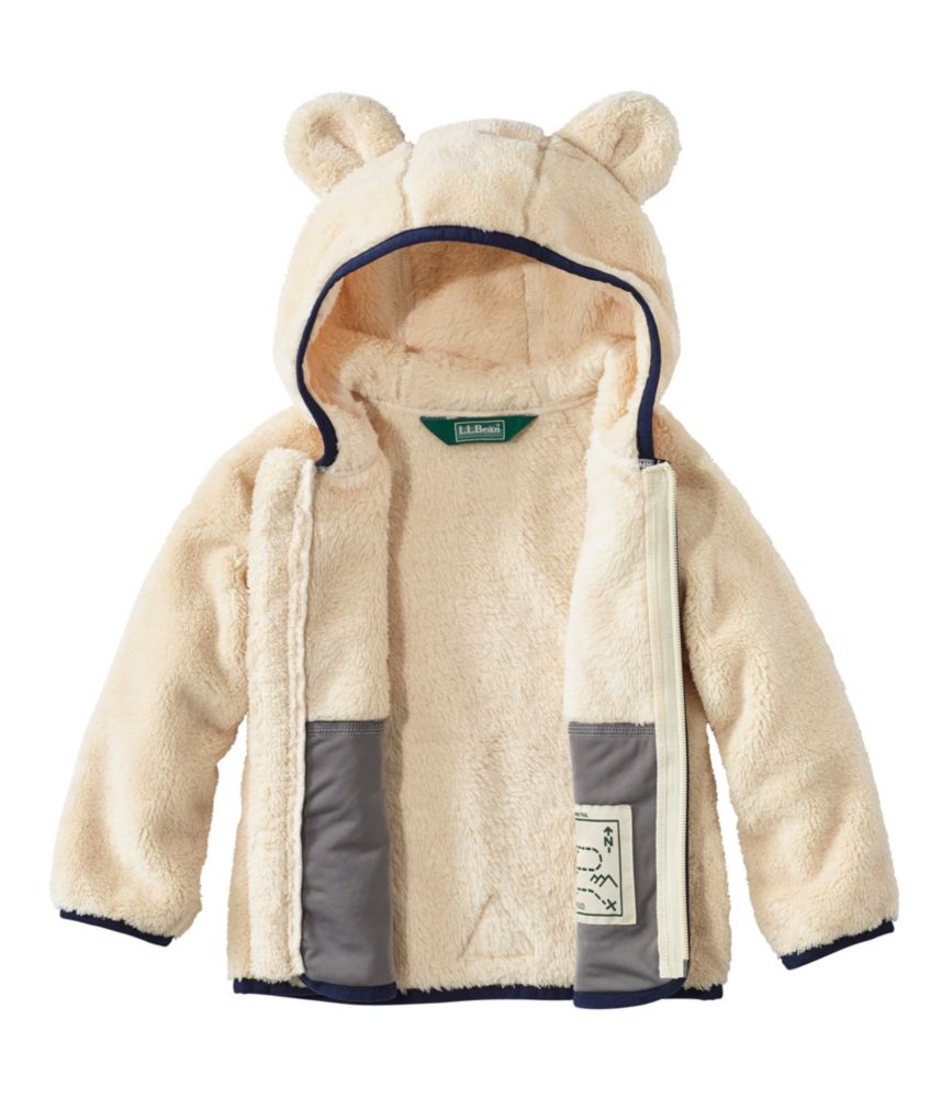 Toddlers’ natural hi-pile fleece jacket with hood bear ears, full zip front and gray reinforced pockets, shown open flat.
