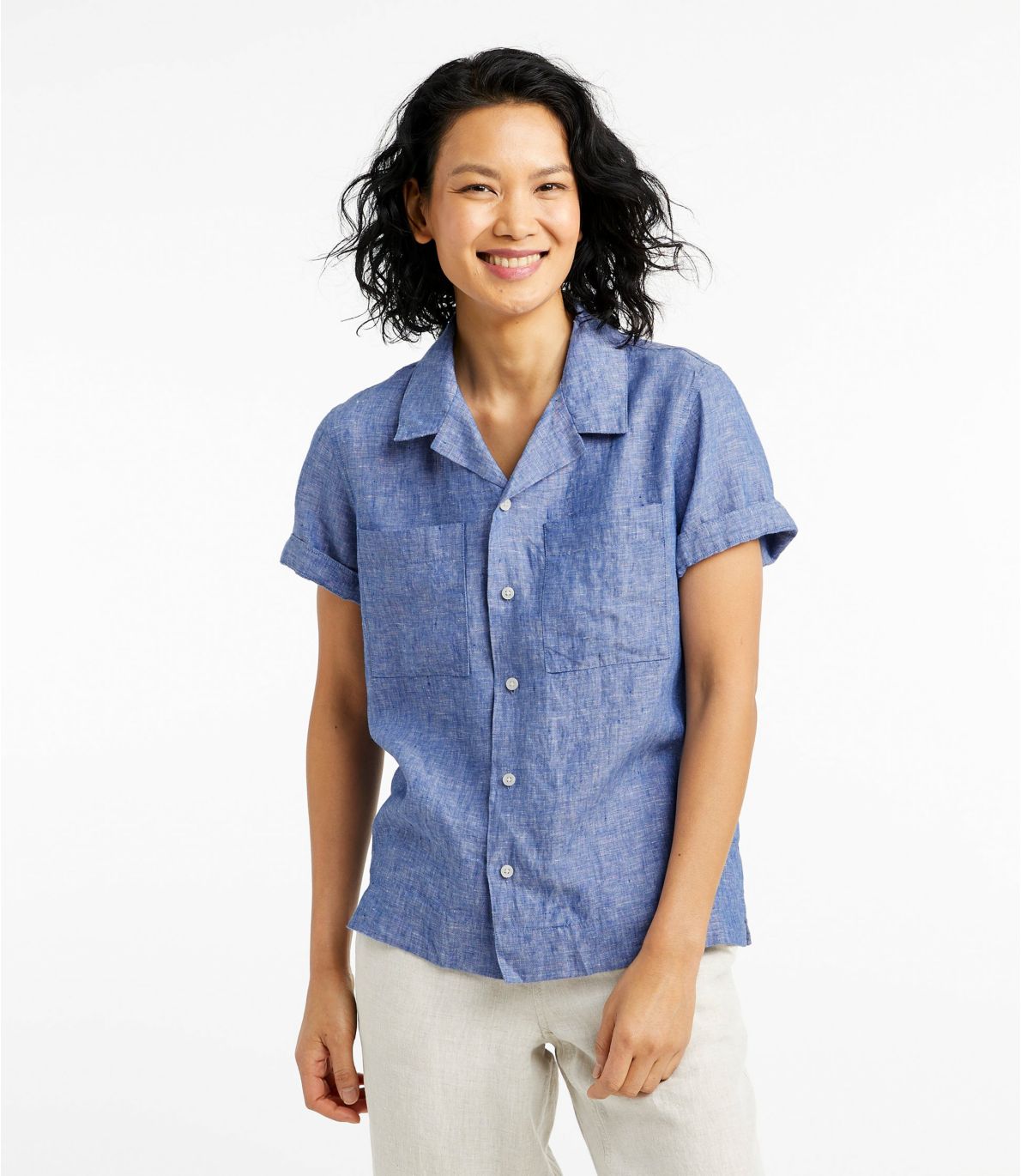 Women's Premium Washable Linen Camp Shirt, Short-Sleeve