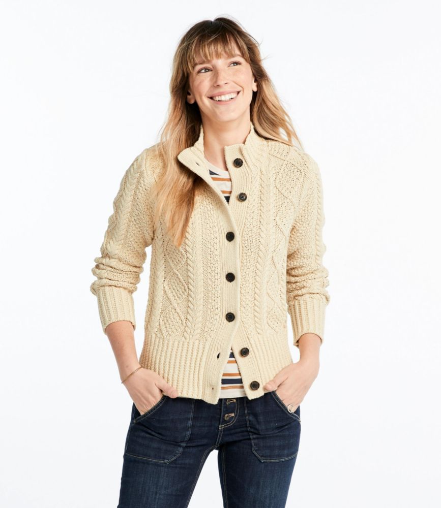 Women's Signature Cotton Fisherman Sweater, Short Cardigan, Beige, small image number 2