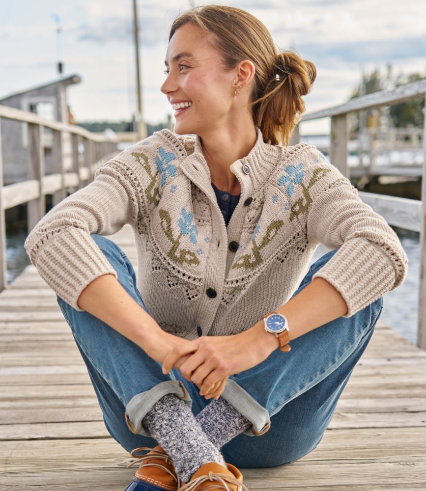 Women's Signature Cotton Fisherman Sweater, Short Cardigan Fair Isle, Deepest Green Fair Isle, small image number 8