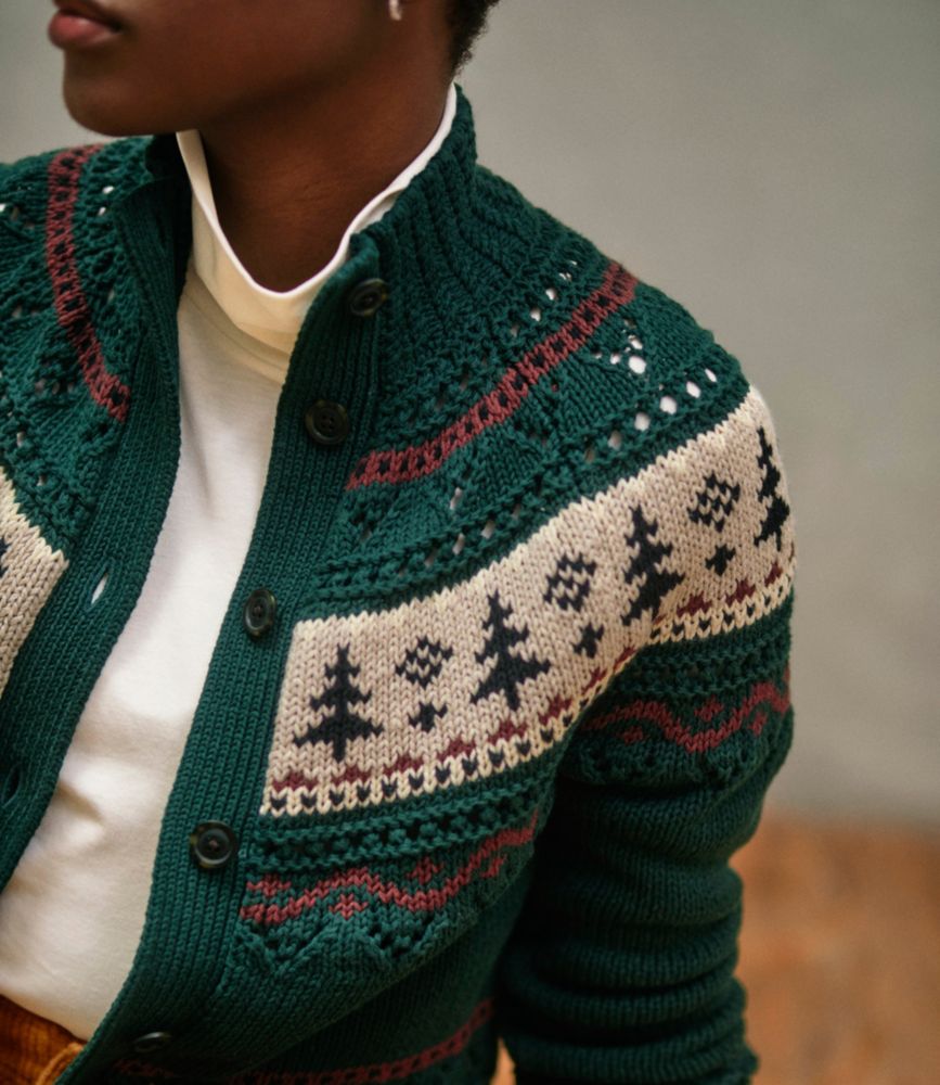 Women's Signature Cotton Fisherman Sweater, Short Cardigan Fair Isle, Deepest Green Fair Isle, small image number 11