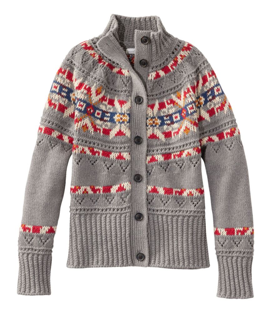 Women's Signature Cotton Fisherman Sweater, Short Cardigan Fair Isle, Gray Heather Fair Isle, small image number 1