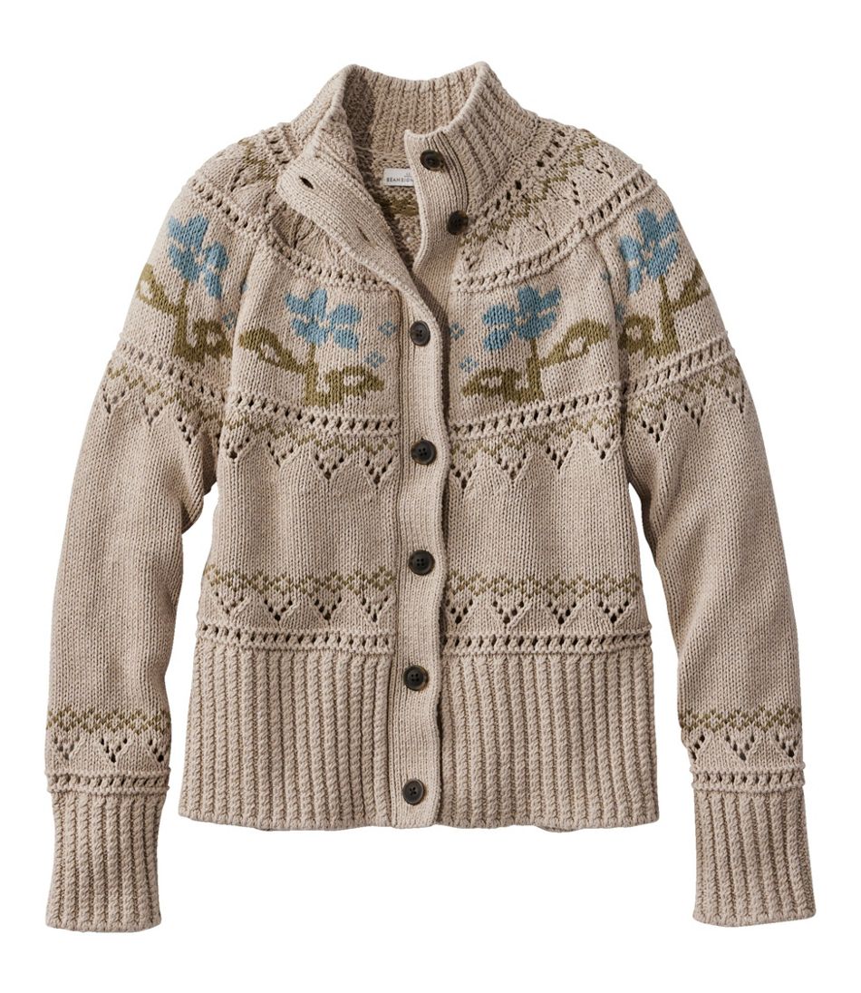 Women's Signature Cotton Fisherman Sweater, Short Cardigan Sweater Fair Isle Oatmeal Floral Extra Large, Cotton/Cotton Yarns | L.L.Bean, Petite