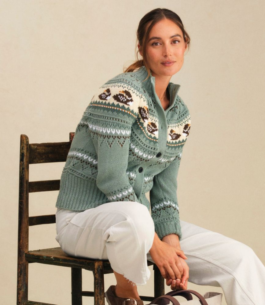 Women's Signature Cotton Fisherman Sweater, Short Cardigan Fair Isle