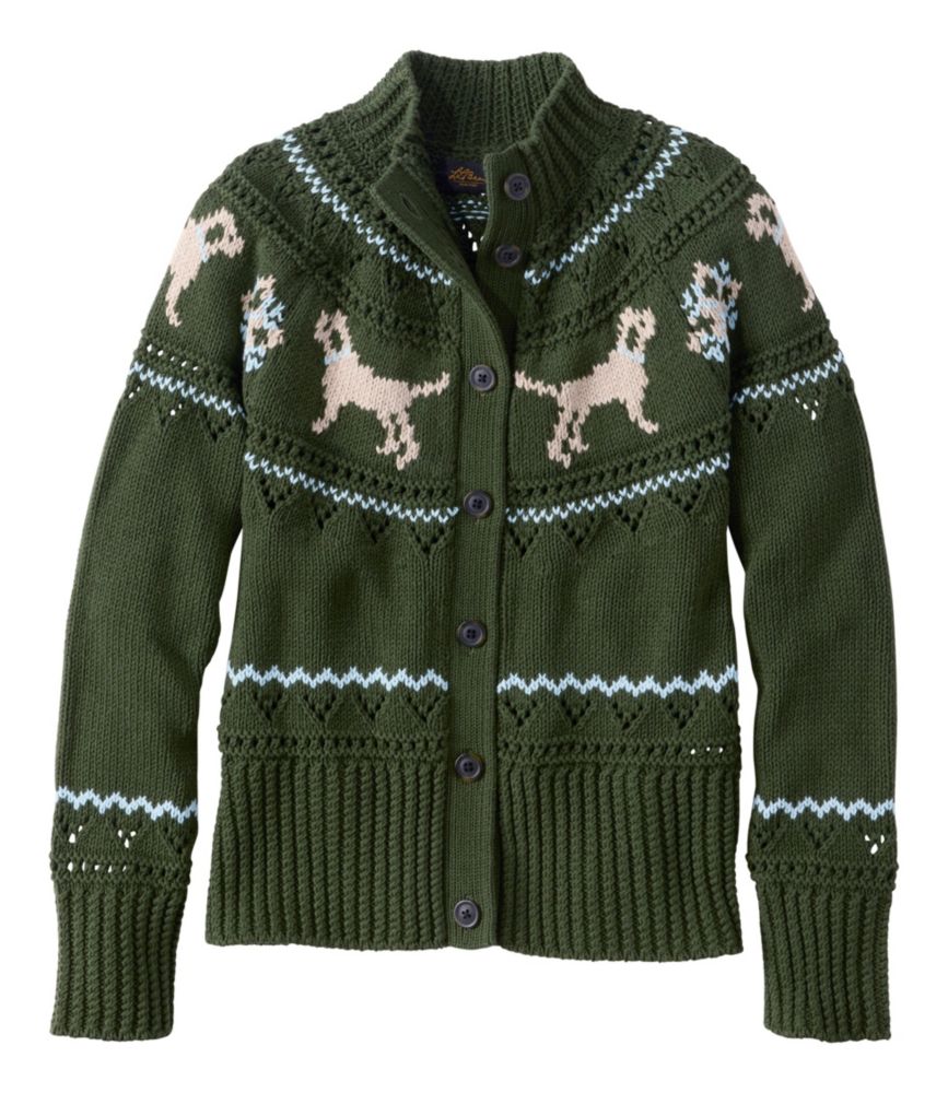 Women's Signature Cotton Fisherman Sweater, Short Cardigan Fair Isle, Forest Shade Dog Fair Isle, small image number 1
