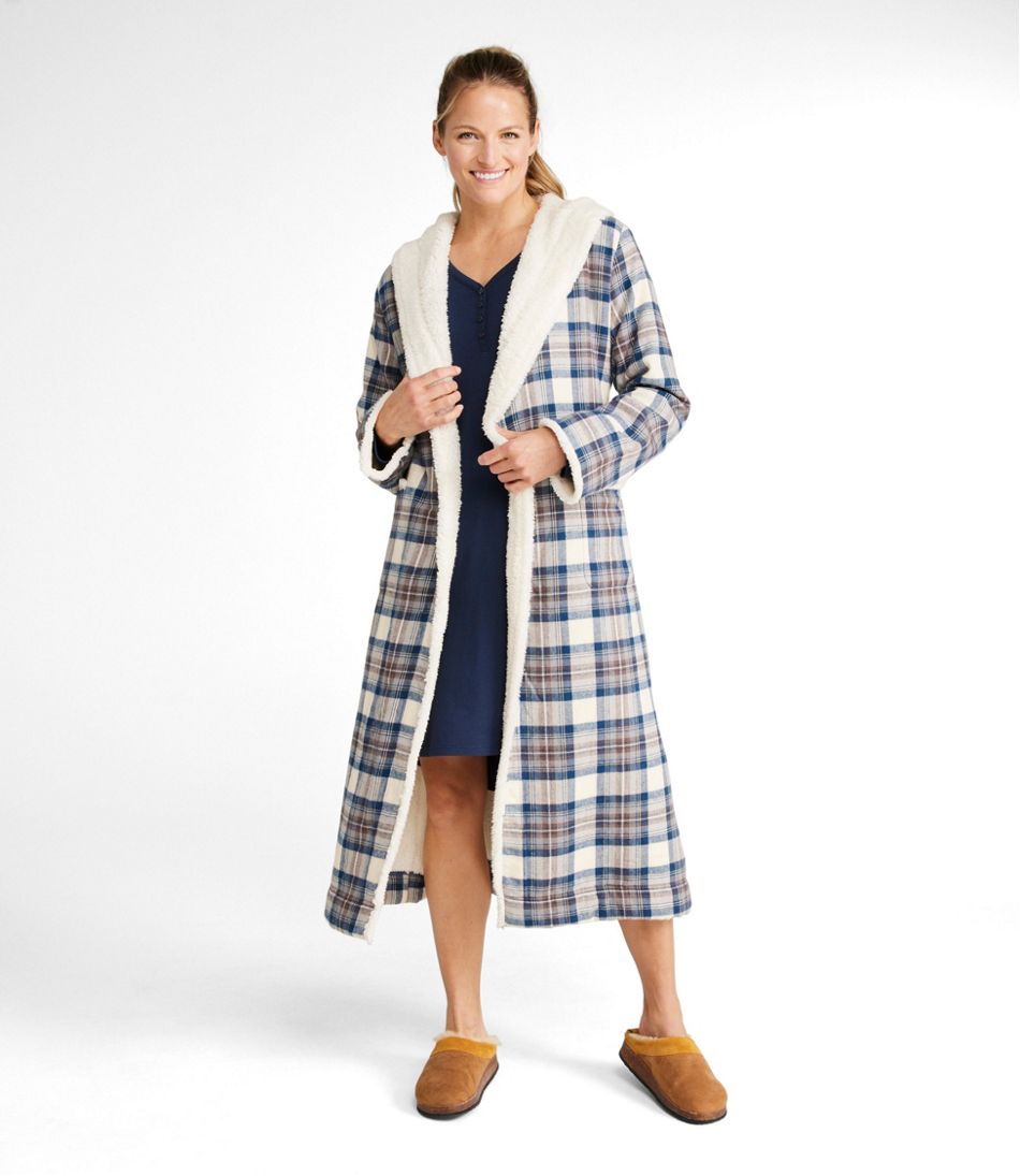 Women's Scotch Plaid Flannel Robe, Sherpa-Lined Long