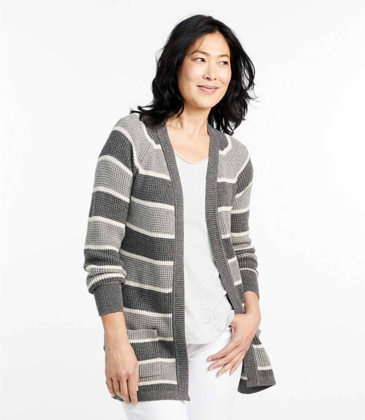 Women's Organic Donegal Sweater, Open Cardigan Stripe