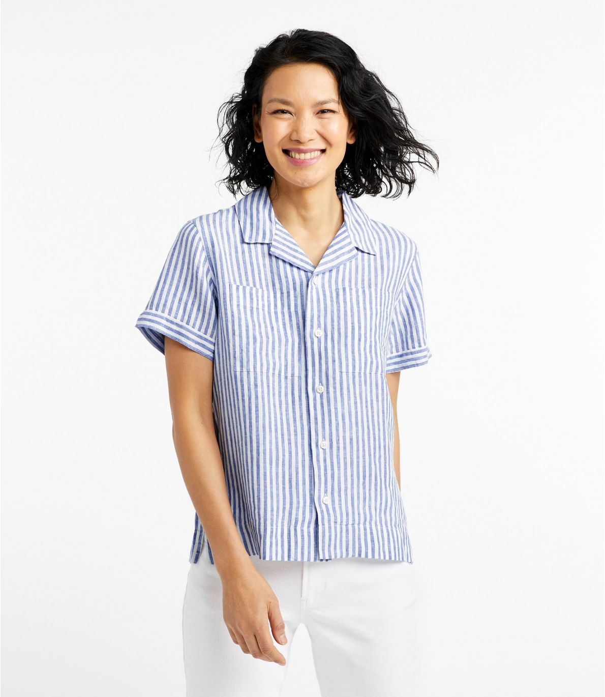 Women's Premium Washable Linen Camp Shirt, Short-Sleeve Stripe