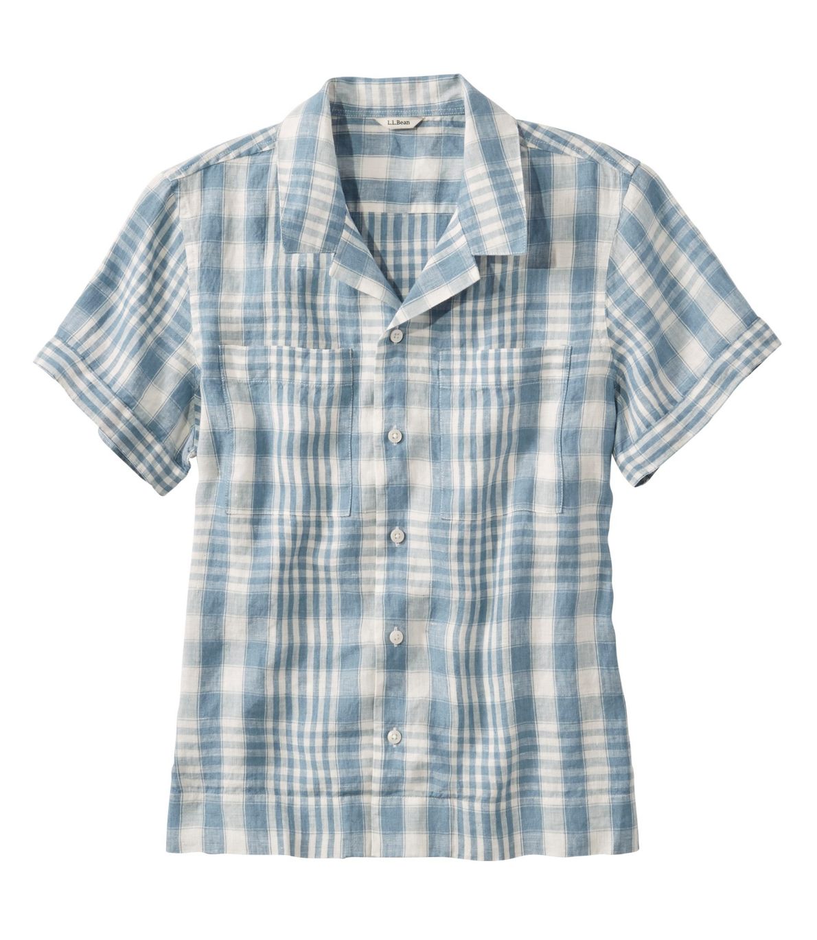 Women's Premium Washable Linen Camp Shirt, Short-Sleeve Plaid