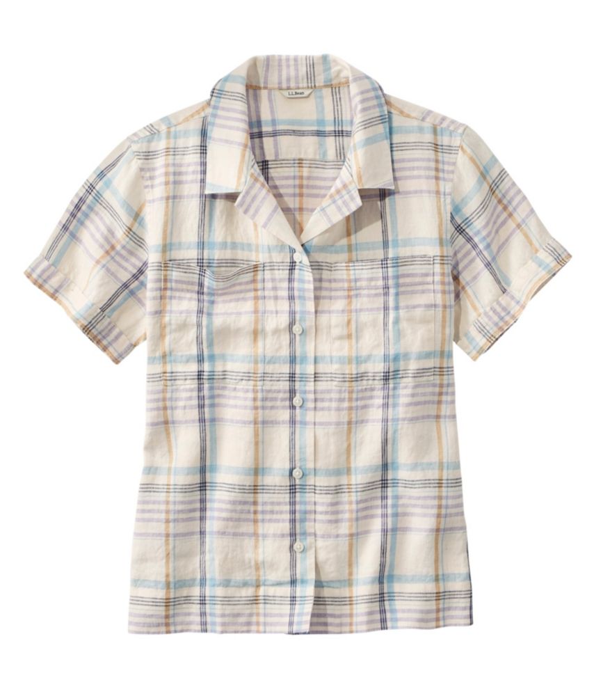 Women's Premium Washable Linen Camp Shirt, ShortSleeve Plaid