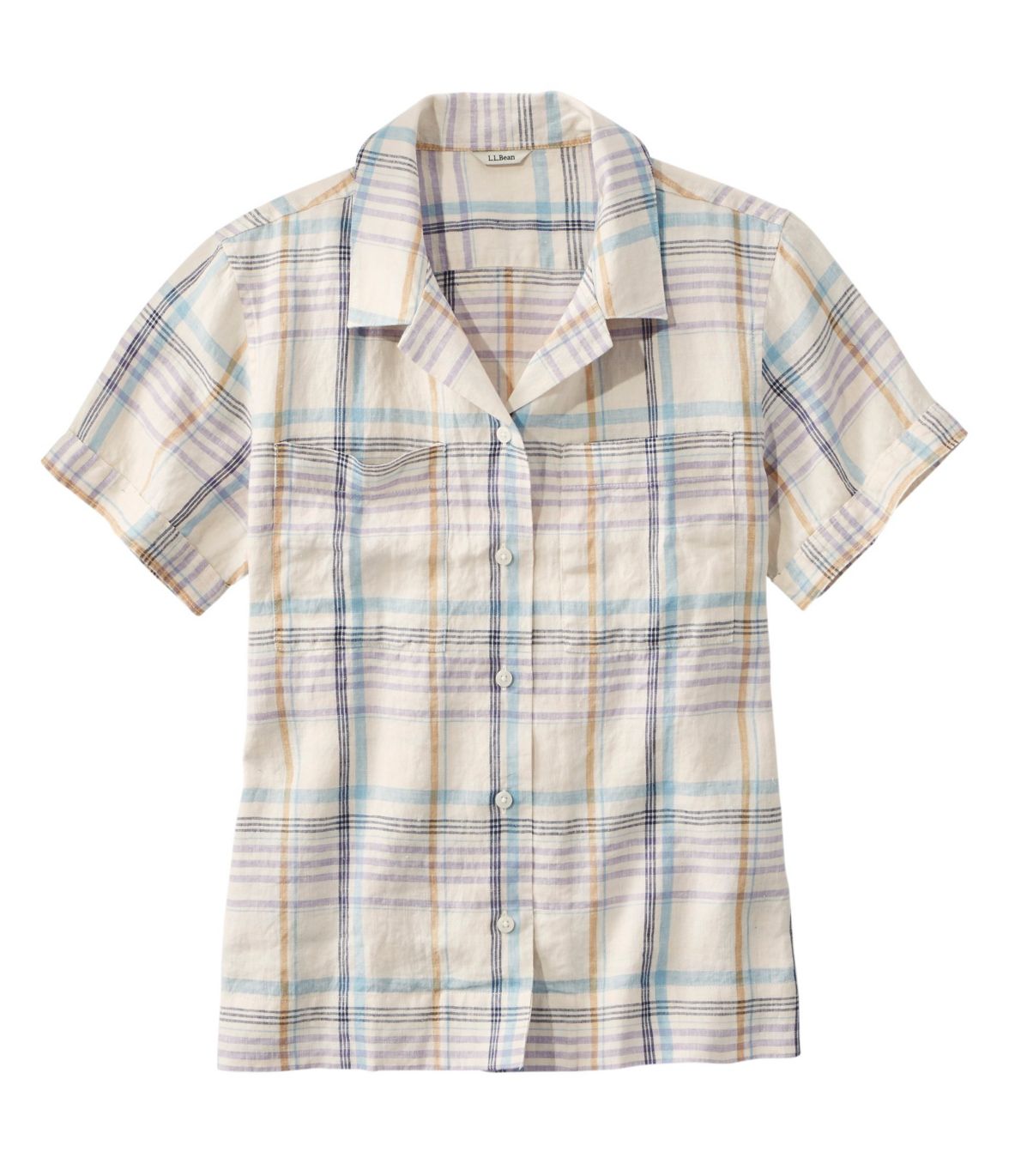 Women's Premium Washable Linen Camp Shirt, Short-Sleeve Plaid