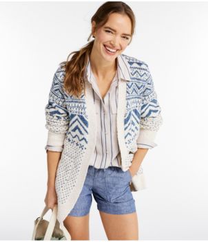 Women's Cotton Ragg Sweater, Open Cardigan Fair Isle