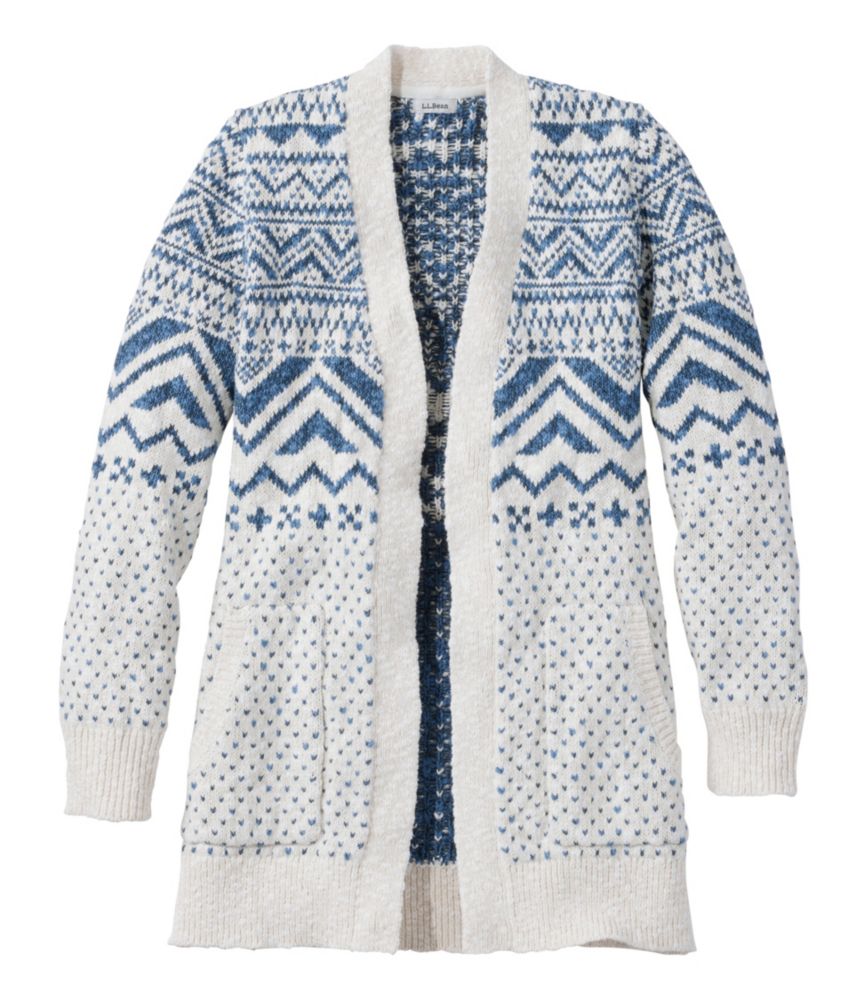 Women's Cotton Ragg Sweater, Open Cardigan Fair Isle, Blue Fair Isle, small image number 1