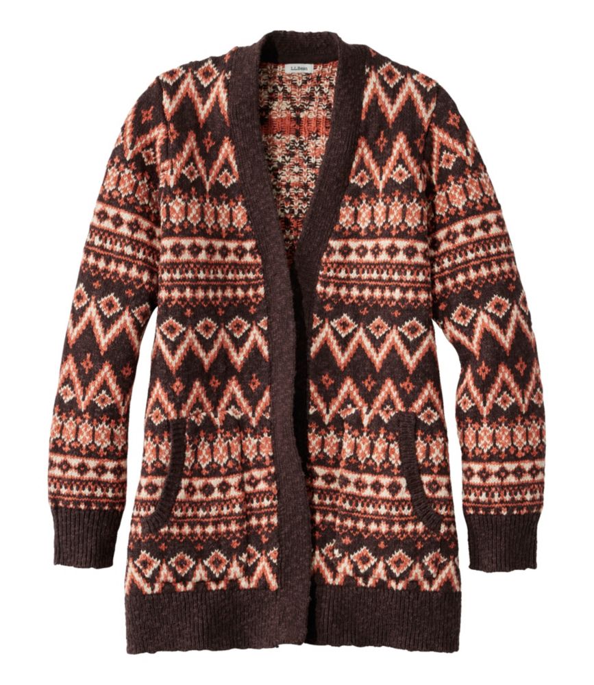Women's Cotton Ragg Sweater, Open Cardigan Fair Isle, Deepest Brown Fair Isle, small image number 1