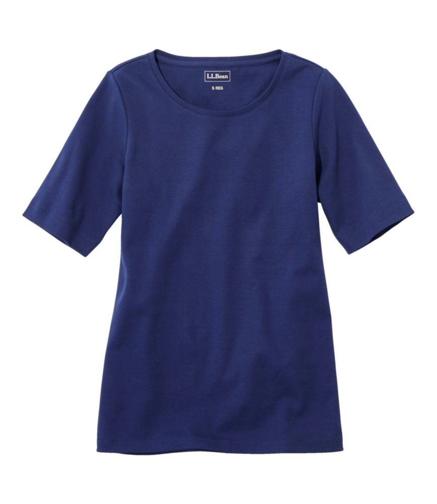 Women's L.L.Bean Jewelneck Tee, Elbow-Sleeve It has the elbow sleeves, but the neck is a jewel neck which is too high and the length of the shirt is about 4-5 inches longer than my other shirts