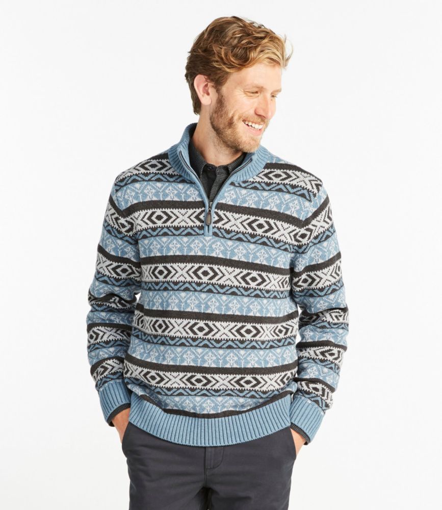 Men's Double L Cotton Sweater, QuarterZip Fair Isle
