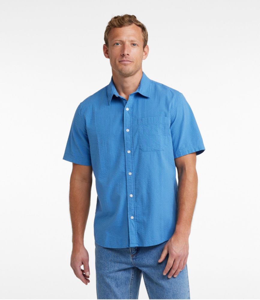 Men's Organic Cotton Seersucker Shirt, Short-Sleeve, Slightly Fitted, Plaid, Pale Turquoise, small image number 2