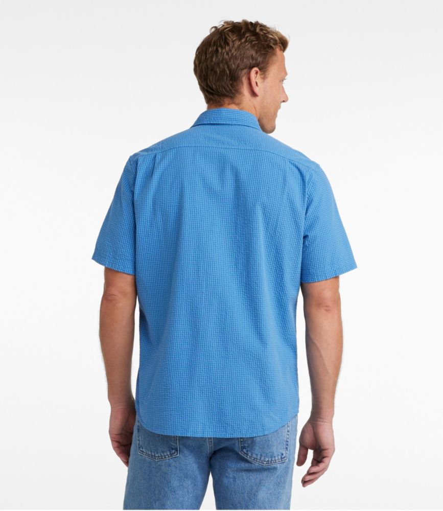 Men's Organic Cotton Seersucker Shirt, Short-Sleeve, Slightly Fitted, Plaid, Light Blue, small image number 3