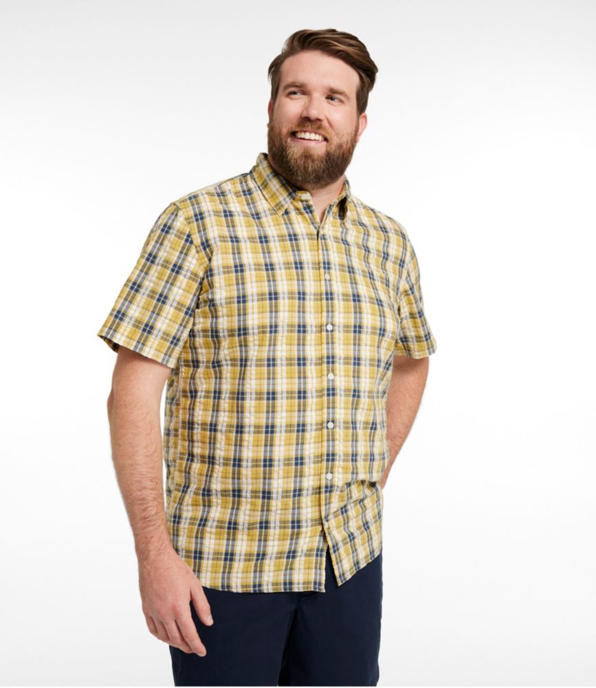 Men's Organic Cotton Seersucker Shirt, Short-Sleeve, Slightly Fitted, Plaid, Pale Turquoise, small image number 4