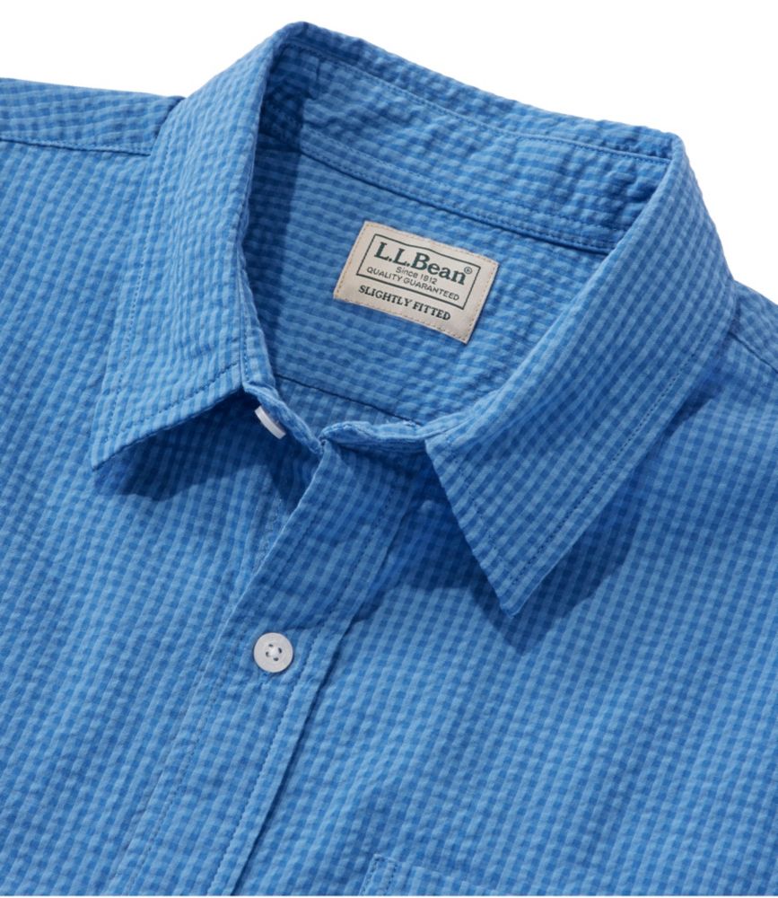 Men's Organic Cotton Seersucker Shirt, Short-Sleeve, Slightly Fitted, Plaid, Pale Turquoise, small image number 6