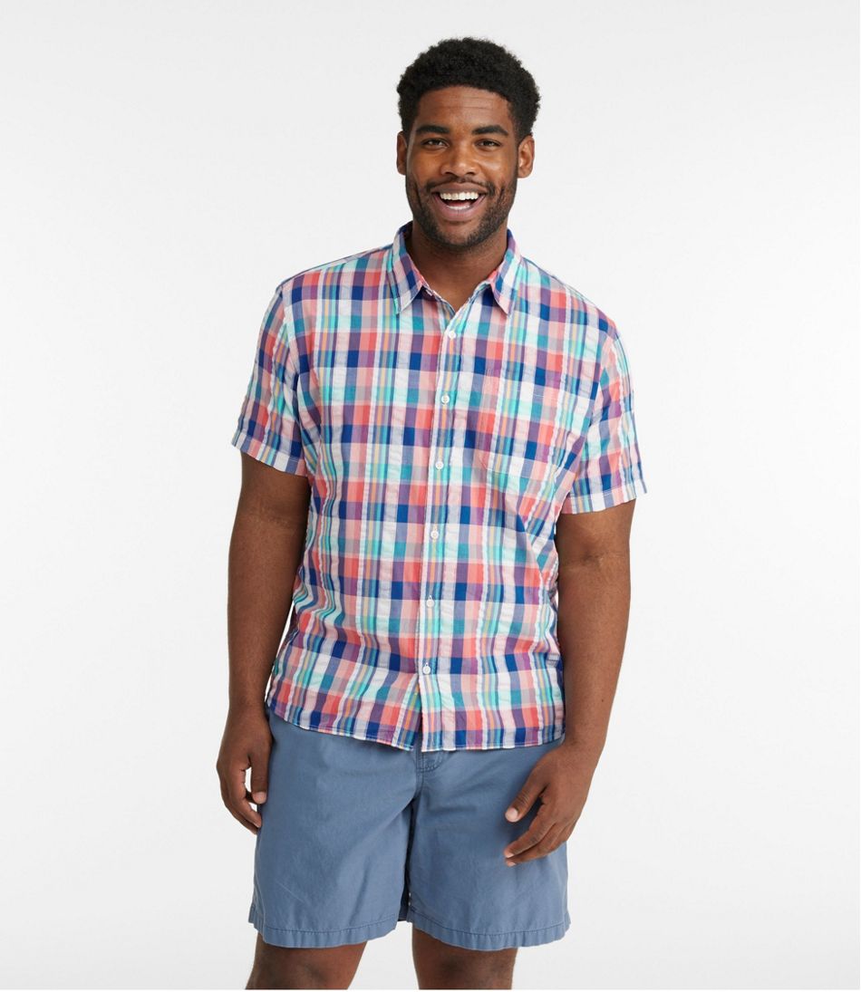 Men's Organic Cotton Seersucker Shirt, Short-Sleeve, Slightly Fitted, Plaid