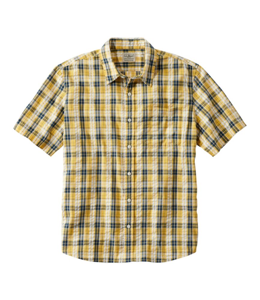 Men's Organic Cotton Seersucker Shirt, Short-Sleeve, Slightly Fitted, Plaid, Light Gold, small image number 1