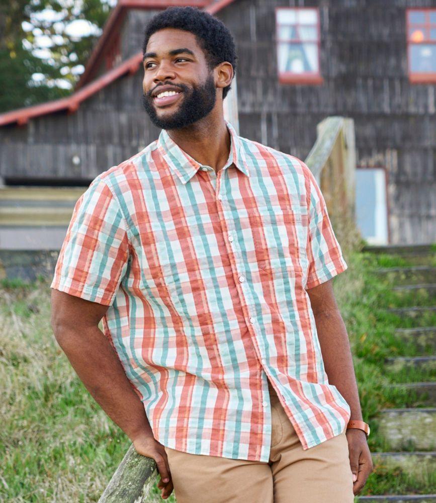 Men's Organic Cotton Seersucker Shirt, Short-Sleeve, Slightly Fitted, Plaid