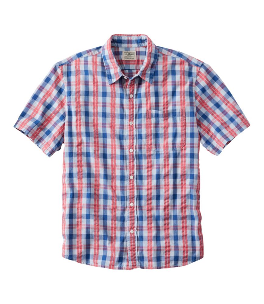 Men's Organic Cotton Seersucker Shirt, Short-Sleeve, Slightly Fitted, Plaid, Light Blue, small image number 1