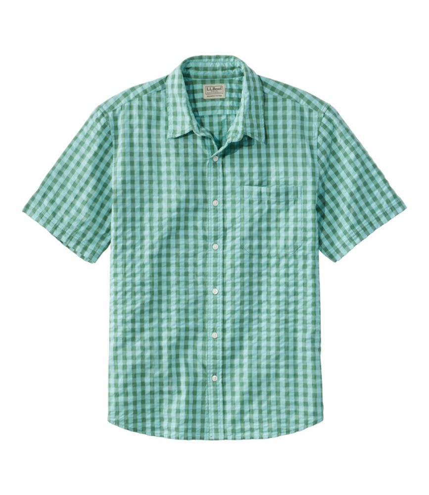 Men's Organic Cotton Seersucker Shirt, Short-Sleeve, Slightly Fitted, Plaid, Pale Turquoise, small image number 1