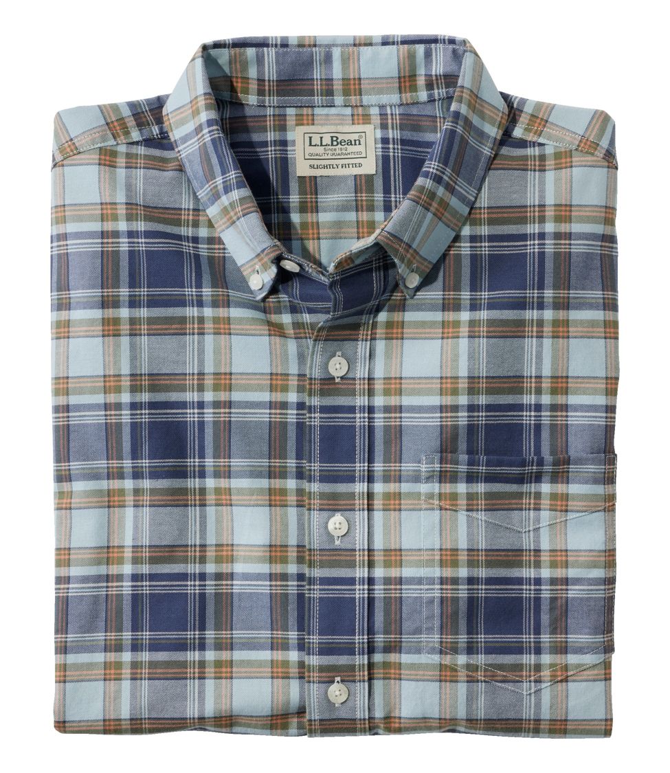 Men's Comfort Stretch Oxford Shirt, Slightly Fitted Untucked Fit, Plaid Bayside Blue Small, Cotton Blend | L.L.Bean