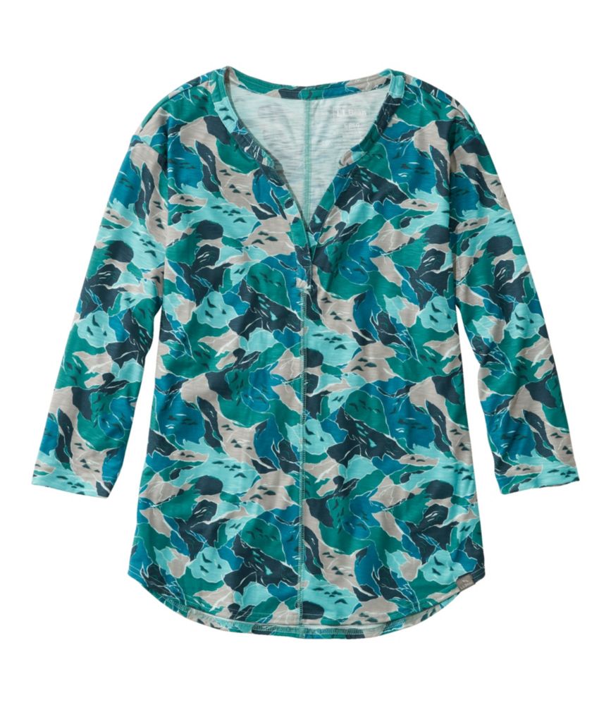 Women's Streamside Tee, Three-Quarter-Sleeve Splitneck, Print, Deep Turquoise Camo, small image number 1