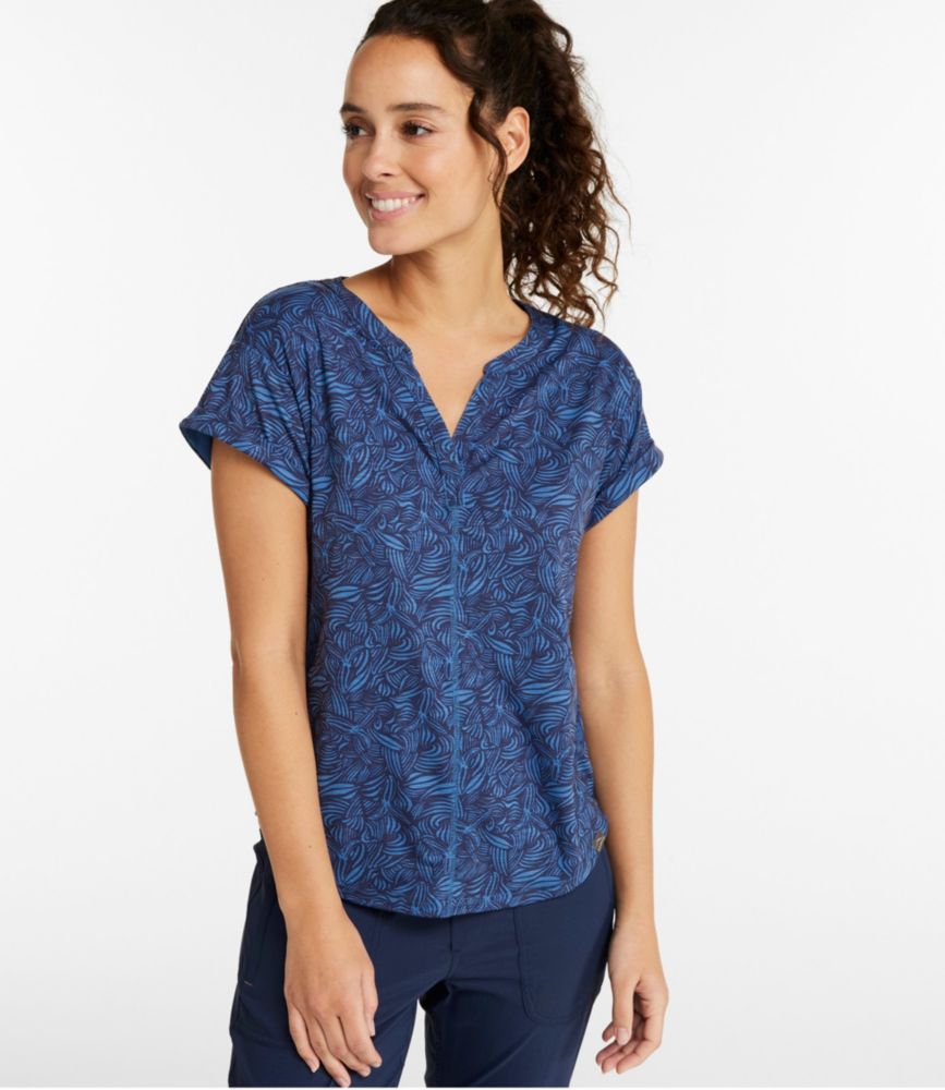 Women's Streamside Tee, Short-Sleeve Splitneck Print, Bay Blue Cross Hatch, small image number 2