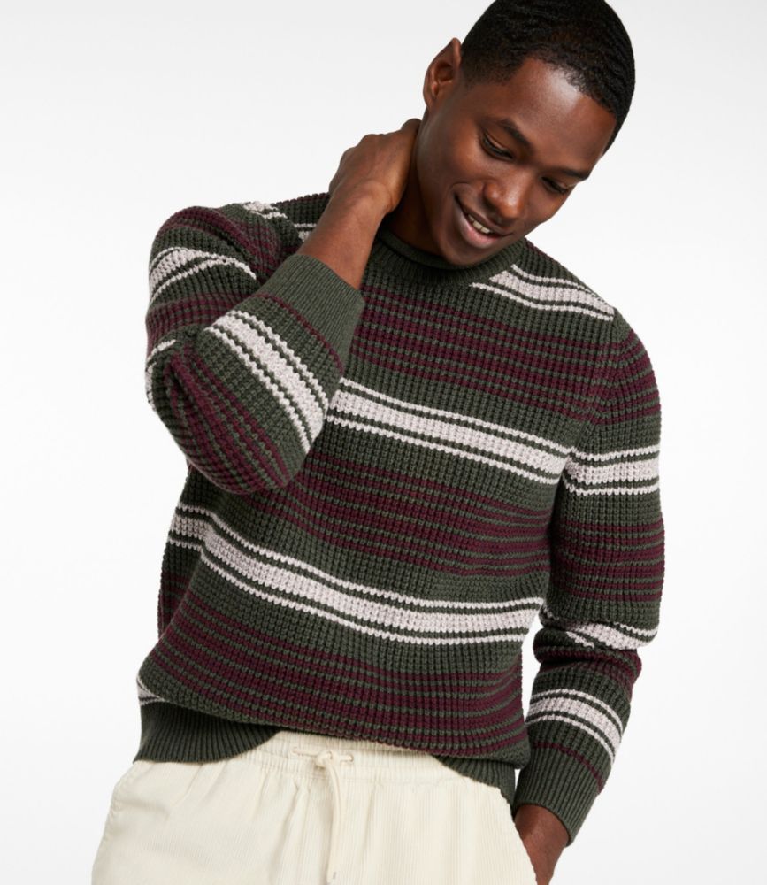 Men's Organic Cotton Waffle Sweater, Rollneck Crew, Stripe, Dark Mushroom, small image number 2