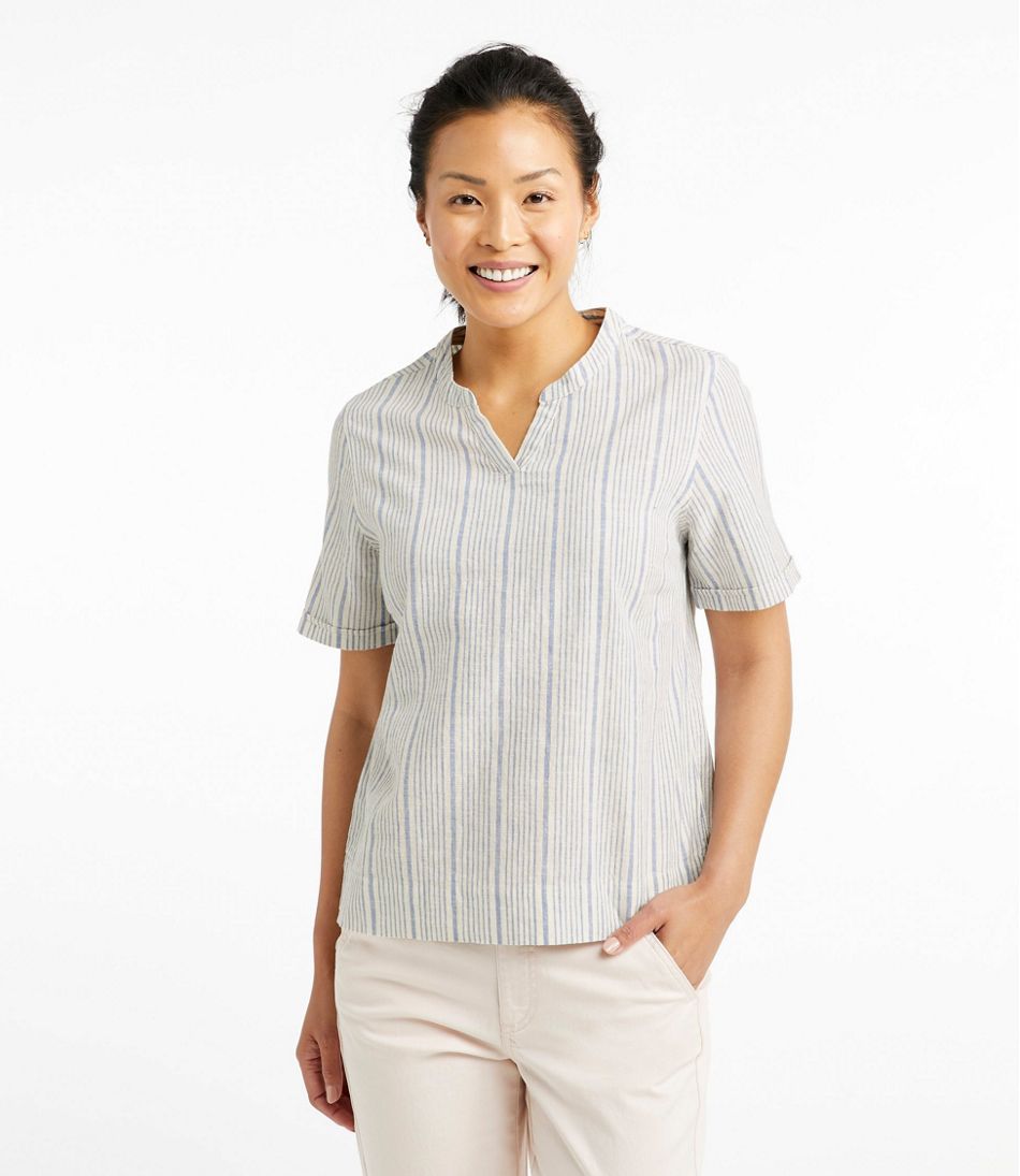 Women's Textured Linen/Cotton Shirt, Short-Sleeve Stripe