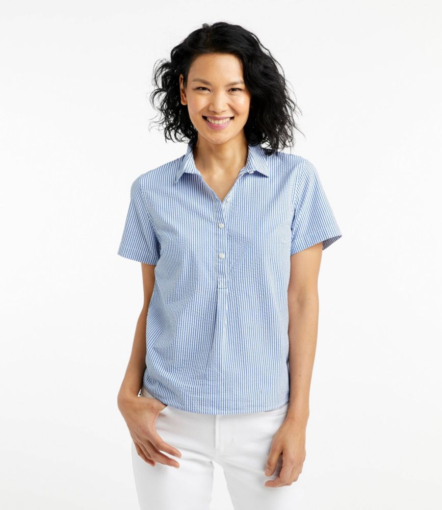 Women's Vacationland Seersucker Shirt, Short-Sleeve Popover Stripe, Bright Capri, small image number 2