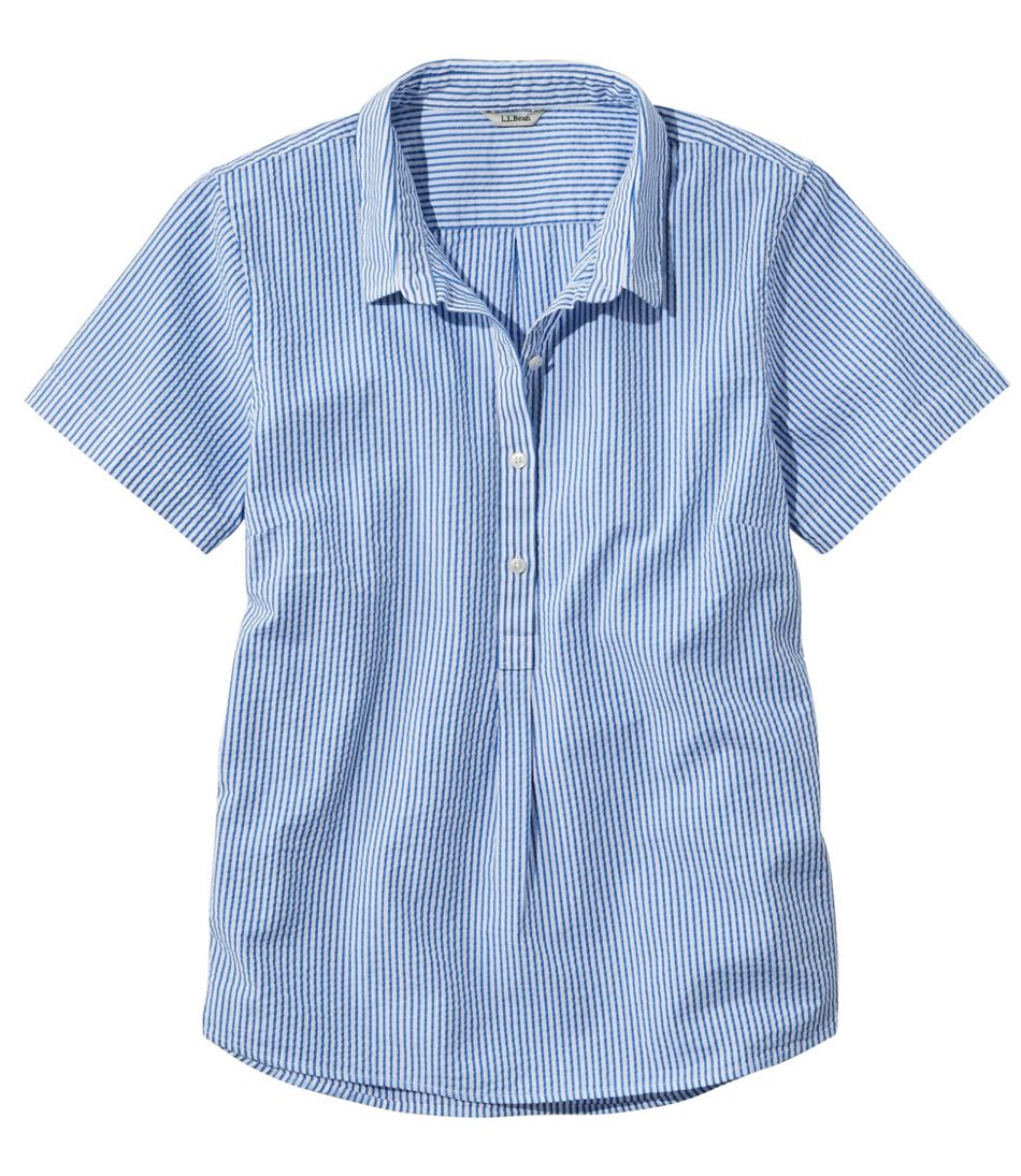 Women's Vacationland Seersucker Shirt, Short-Sleeve Popover Stripe Bright Capri 1X, Cotton | L.L.Bean