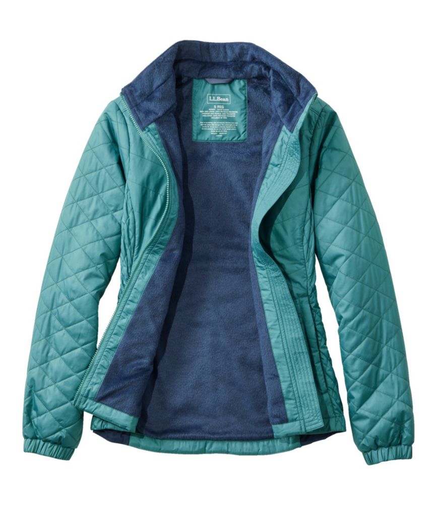Women’s teal quilted jacket laid flat, unzipped to show dark blue fleece lining and stand collar.