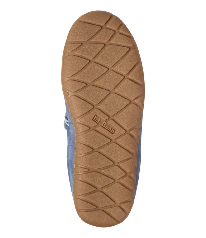 Charcoal blue women’s slipper boot moc showing tan rubber outsole with diamond tread and L.L.Bean logo.