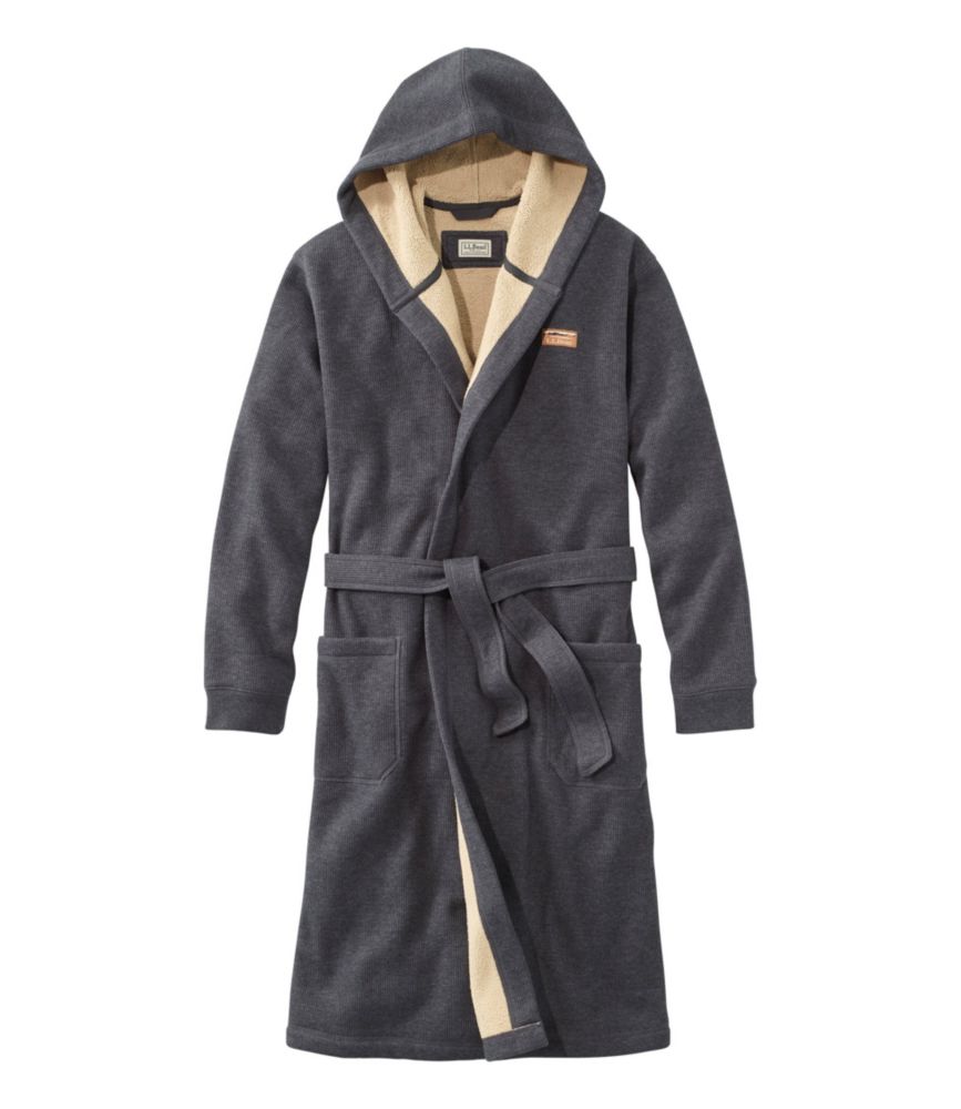 Men's Bonded Waffle Fleece Robe, Hooded, Charcoal, small image number 1