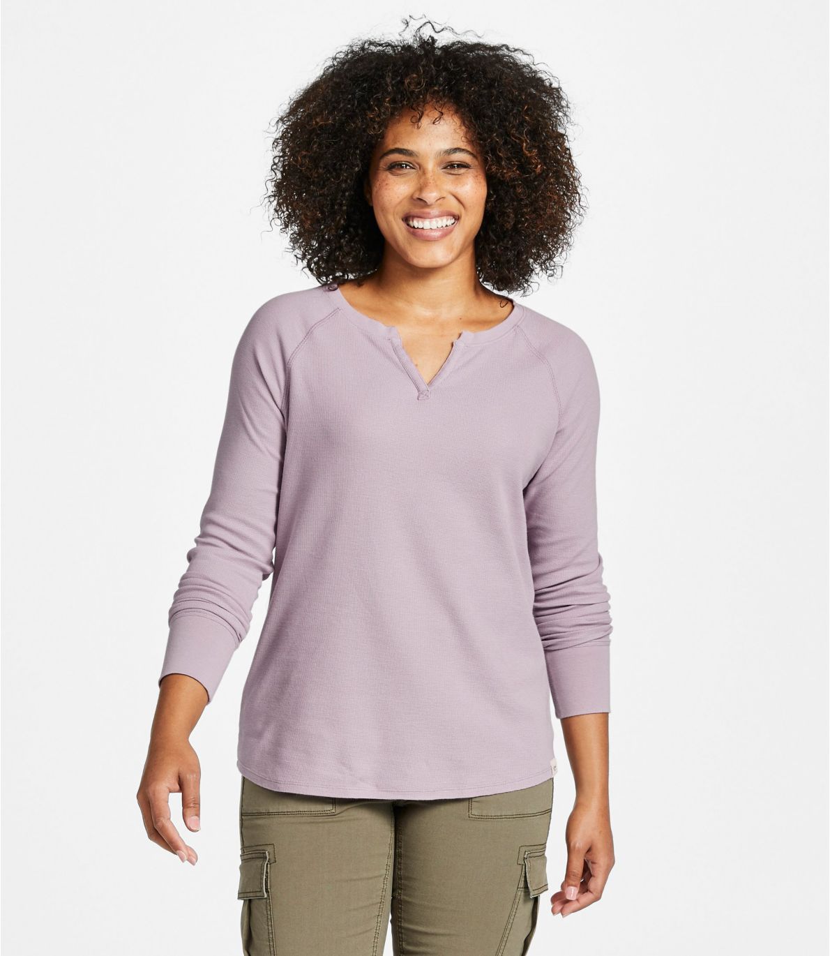 Women's Unshrinkable Mini-Waffle Tee, Splitneck Long-Sleeve