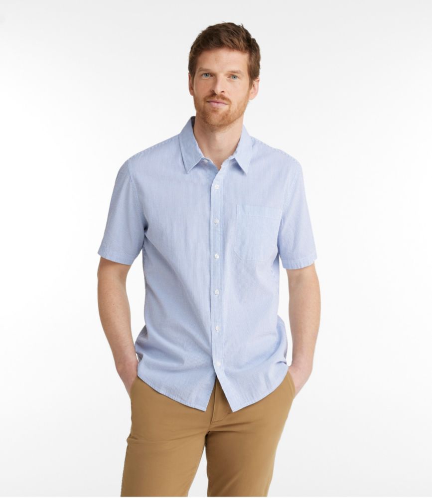 Men's Organic Seersucker Shirt, Short-Sleeve, Slightly Fitted, Stripe, Bright Blue, small image number 2