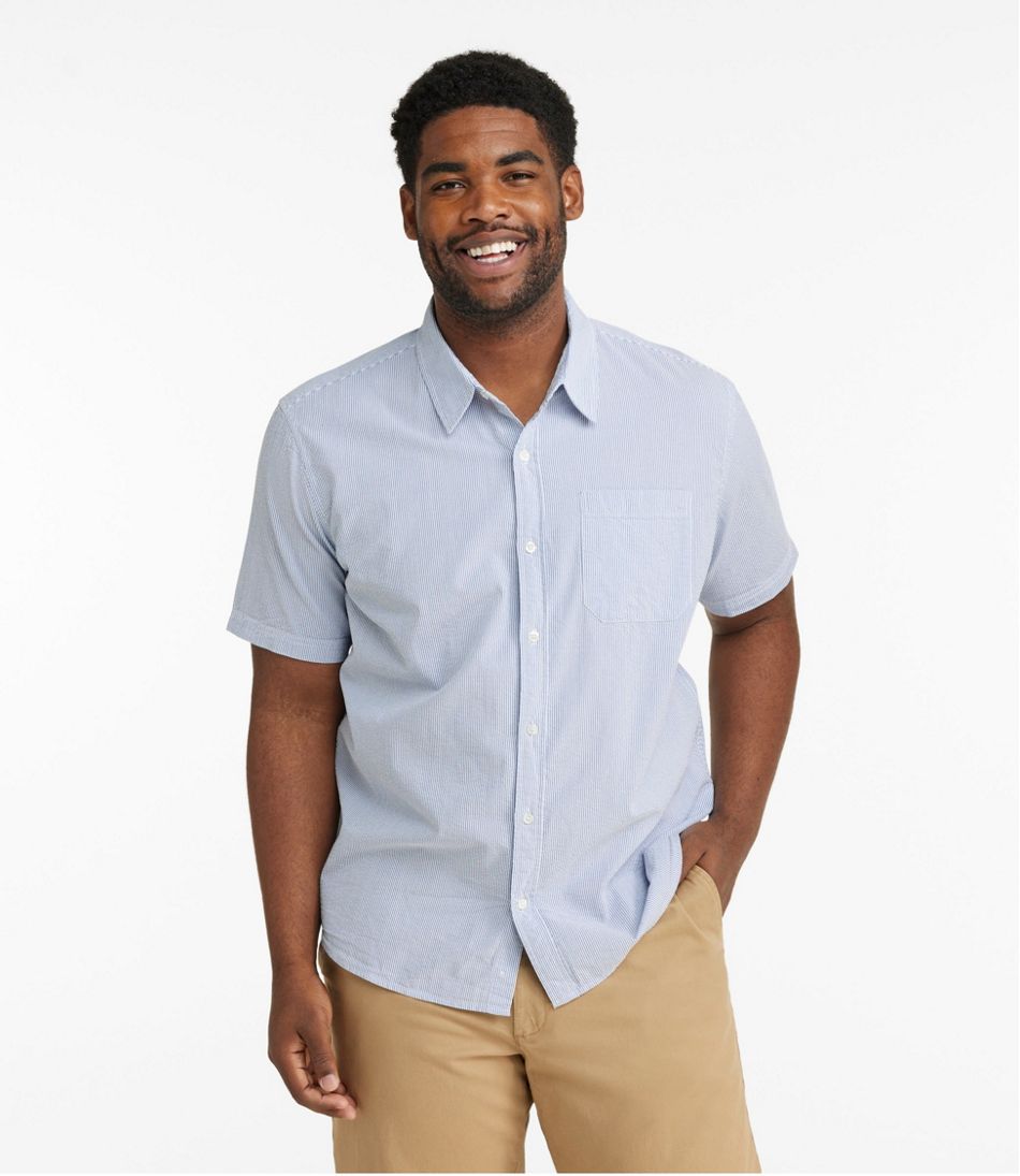 Men's Organic Seersucker Shirt, Short-Sleeve, Slightly Fitted, Stripe ...