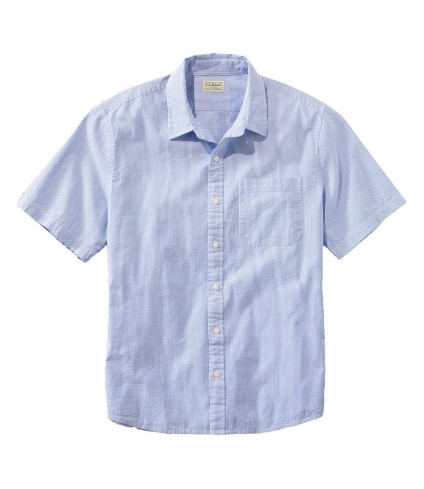 Men's Organic Seersucker Shirt, Short-Sleeve, Slightly Fitted, Stripe, Bright Blue, small image number 1