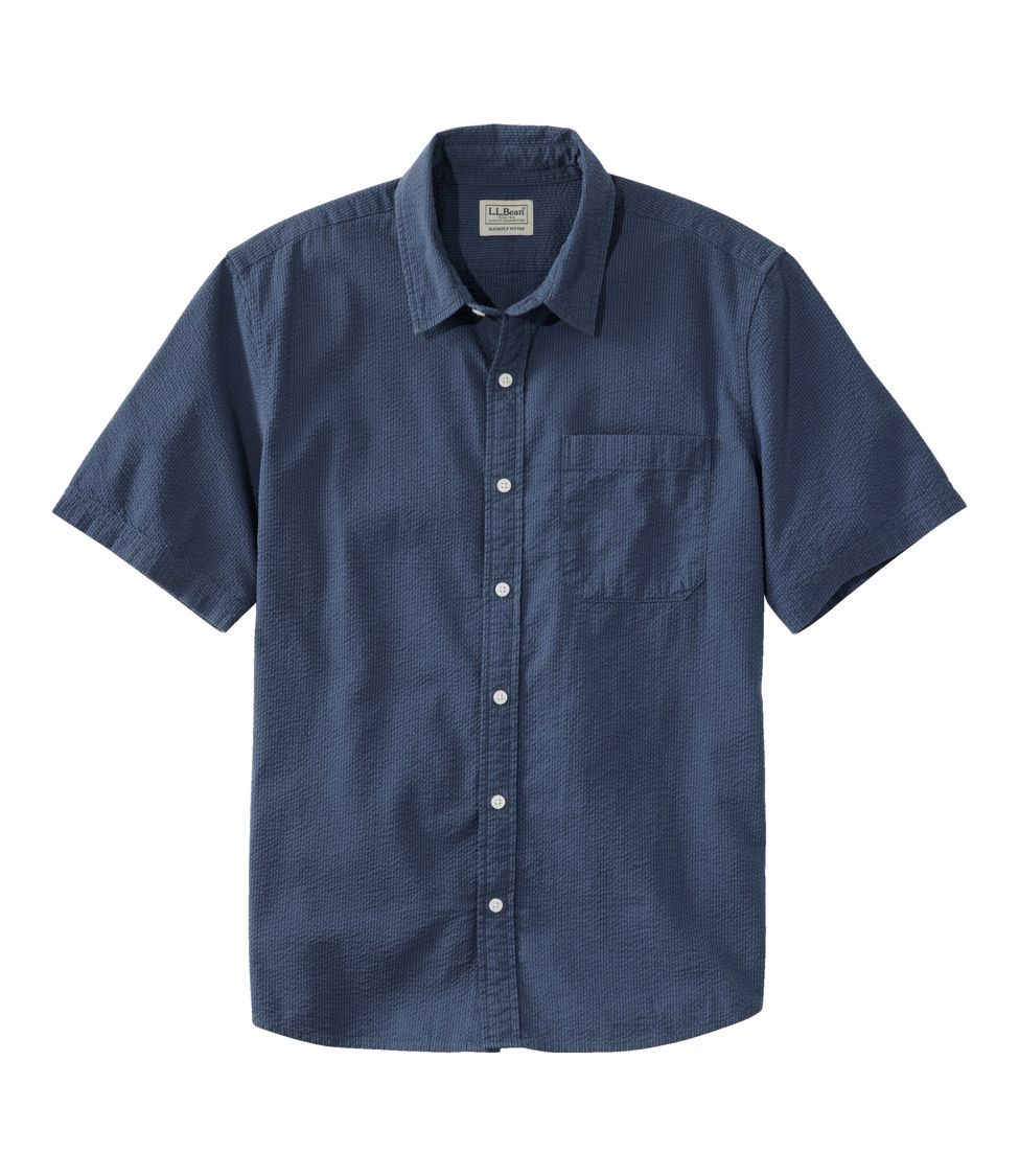 Men's Organic Seersucker Shirt, Short-Sleeve, Slightly Fitted, Stripe Vintage Indigo Large | L.L.Bean