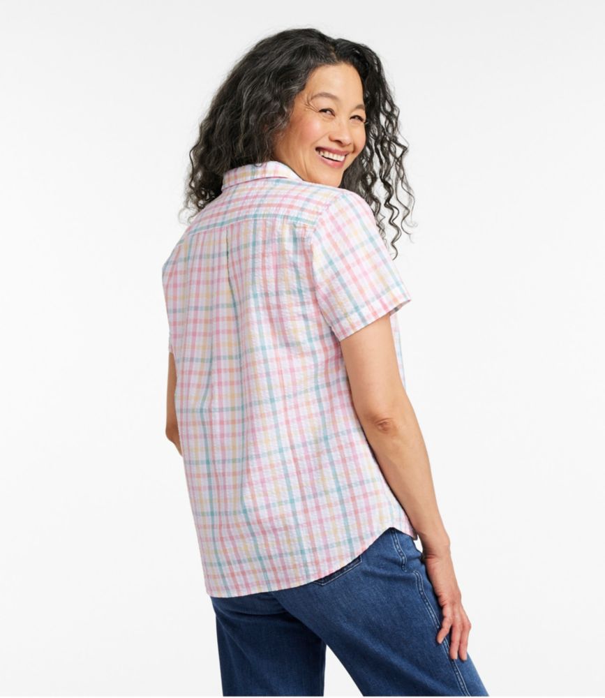 Women's Vacationland Seersucker Shirt, Short-Sleeve Popover Plaid, Flag Blue Plaid, small image number 3