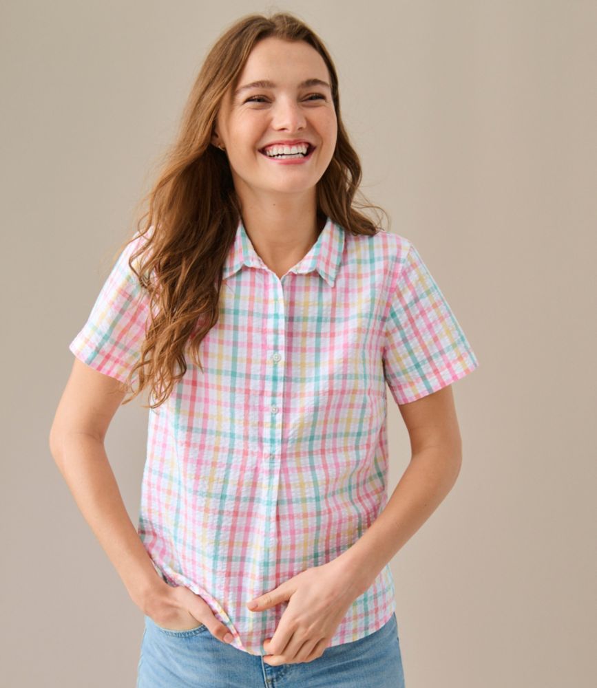 Women's Vacationland Seersucker Shirt, Short-Sleeve Popover Plaid, Flag Blue Plaid, small image number 6