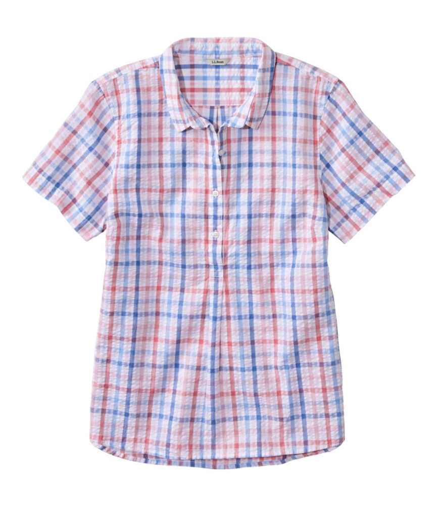 Women's Vacationland Seersucker Shirt, Short-Sleeve Popover Plaid, Flag Blue Plaid, small image number 1