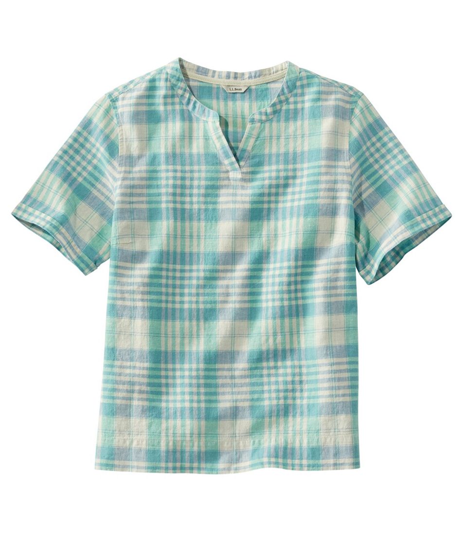Women's Textured Linen/Cotton Shirt, Short-Sleeve Plaid